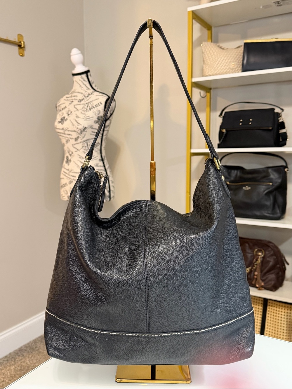 Born Black Leather Hobo Bag with contrast stitching